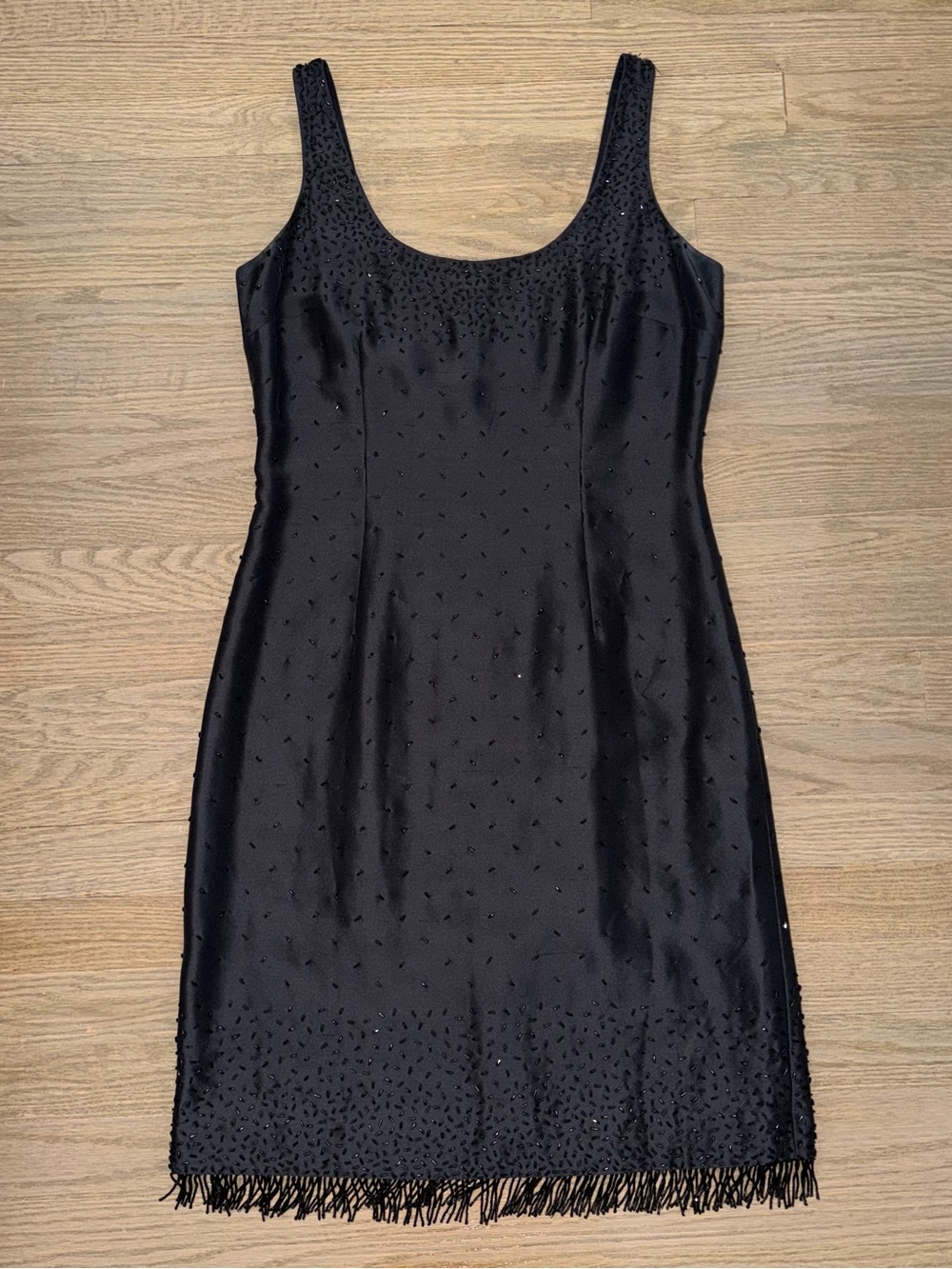 Vintage Ann Taylor 100% Silk Sleeveless Beaded Fringe Cocktail Party Black Dress